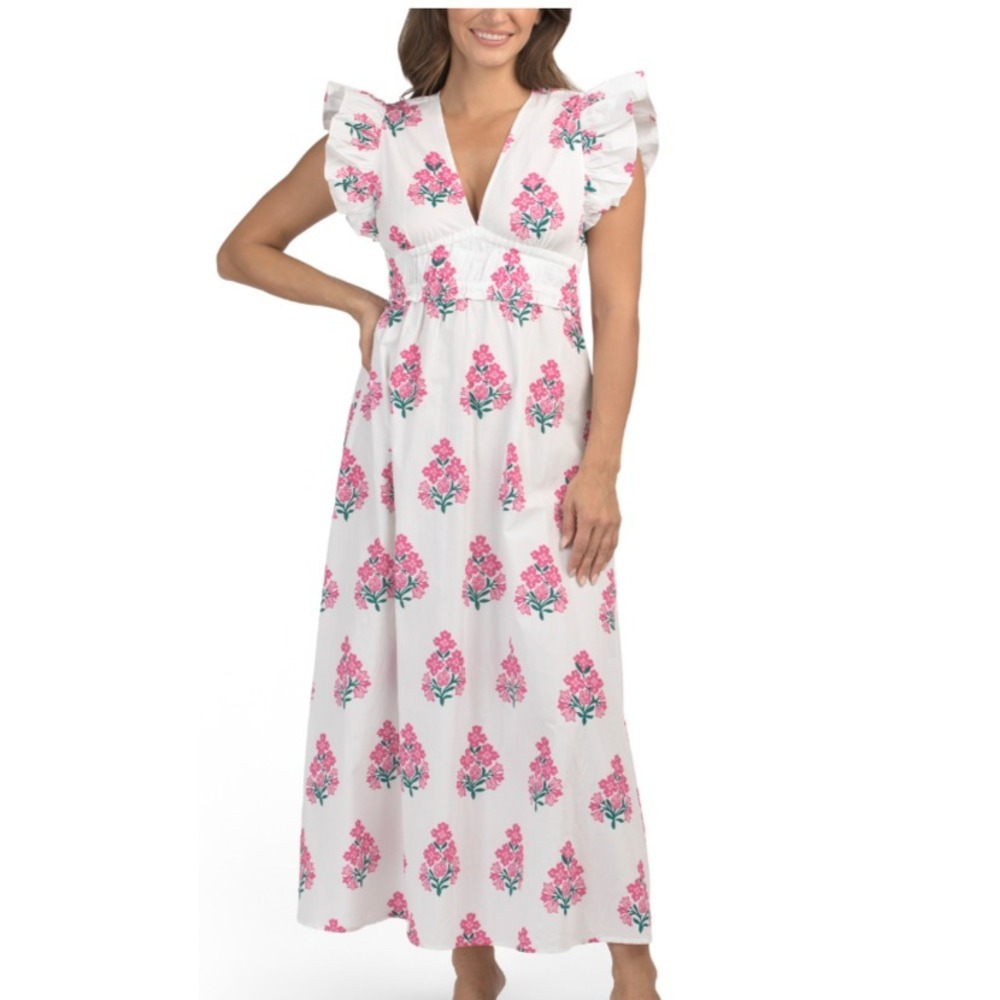 NWT Sail to Sable Pink White Floral Cotton Resort Maxi Dress Smocked Flutter L - Picture 1 of 5